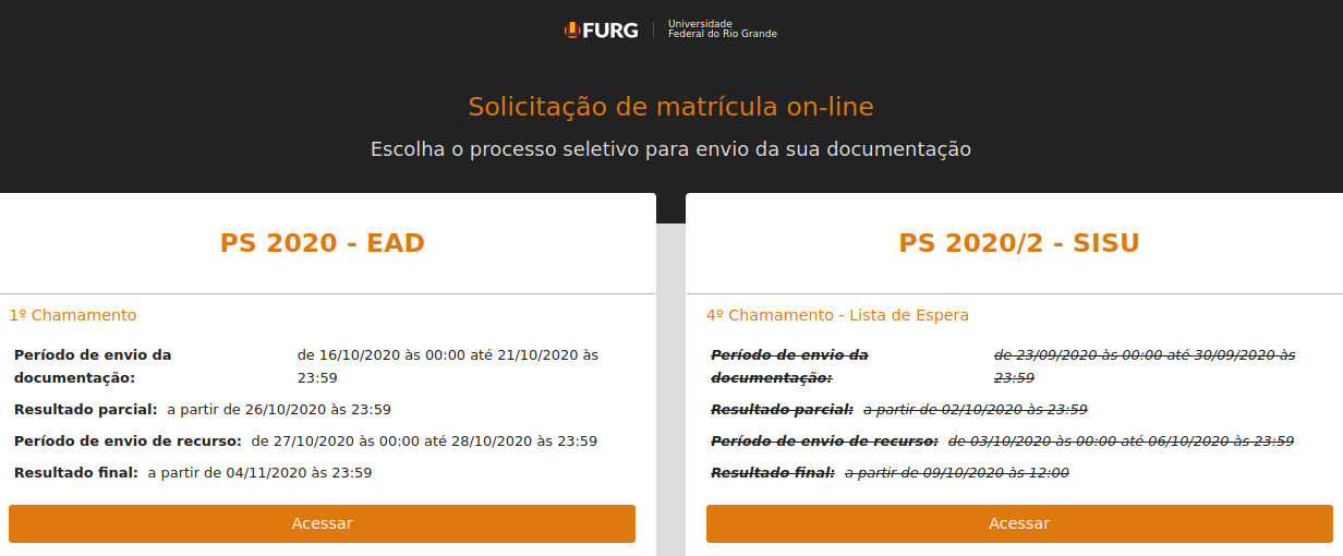 Sistema de Solicitações de matrículas on-line da FURG