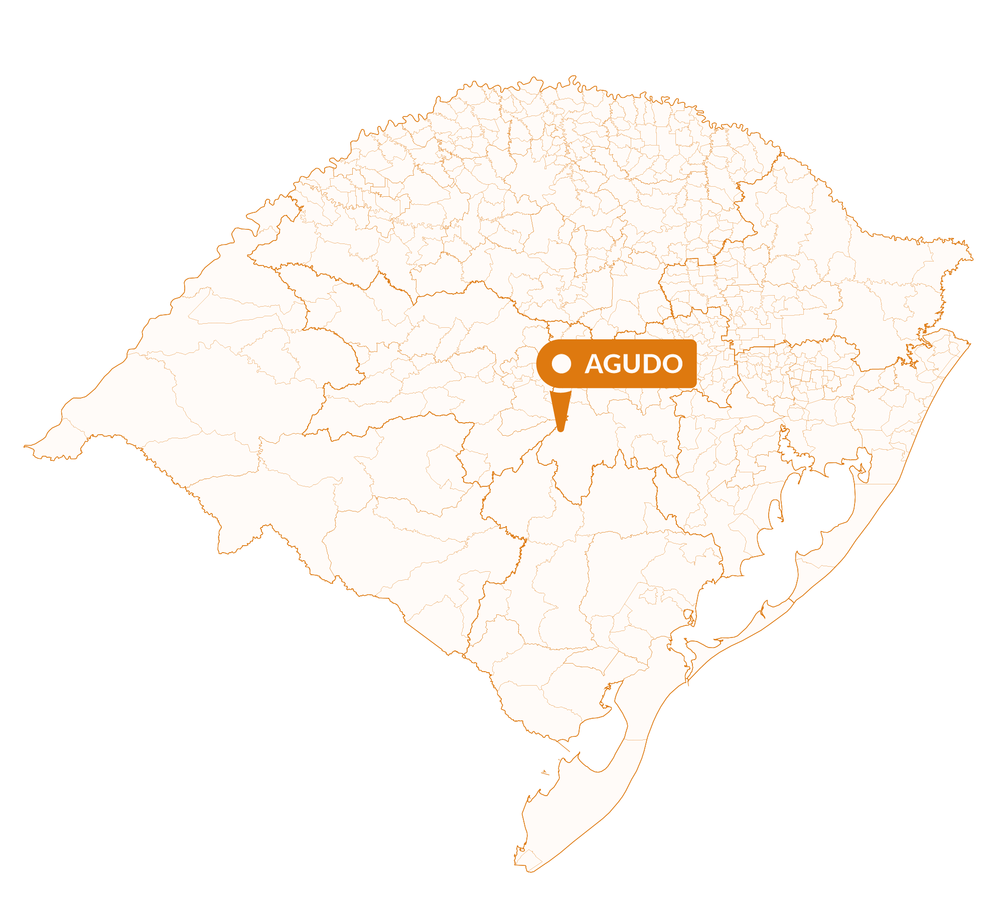 Imagem do mapa do Rio Grande do Sul com marcador sinalizando a localização da cidade de Agudo.