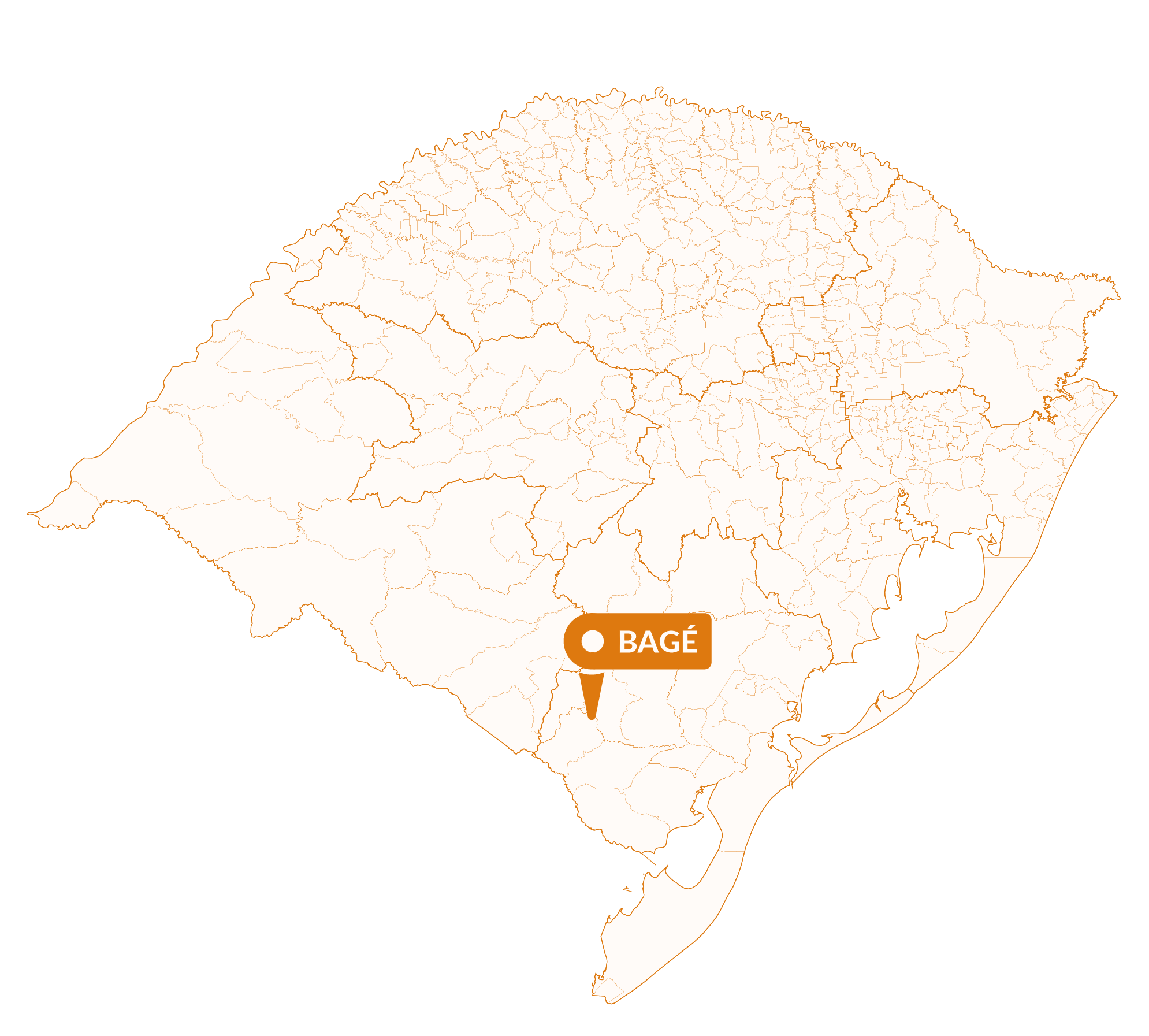 Imagem do mapa do Rio Grande do Sul com marcador sinalizando a localização da cidade de Bagé.
