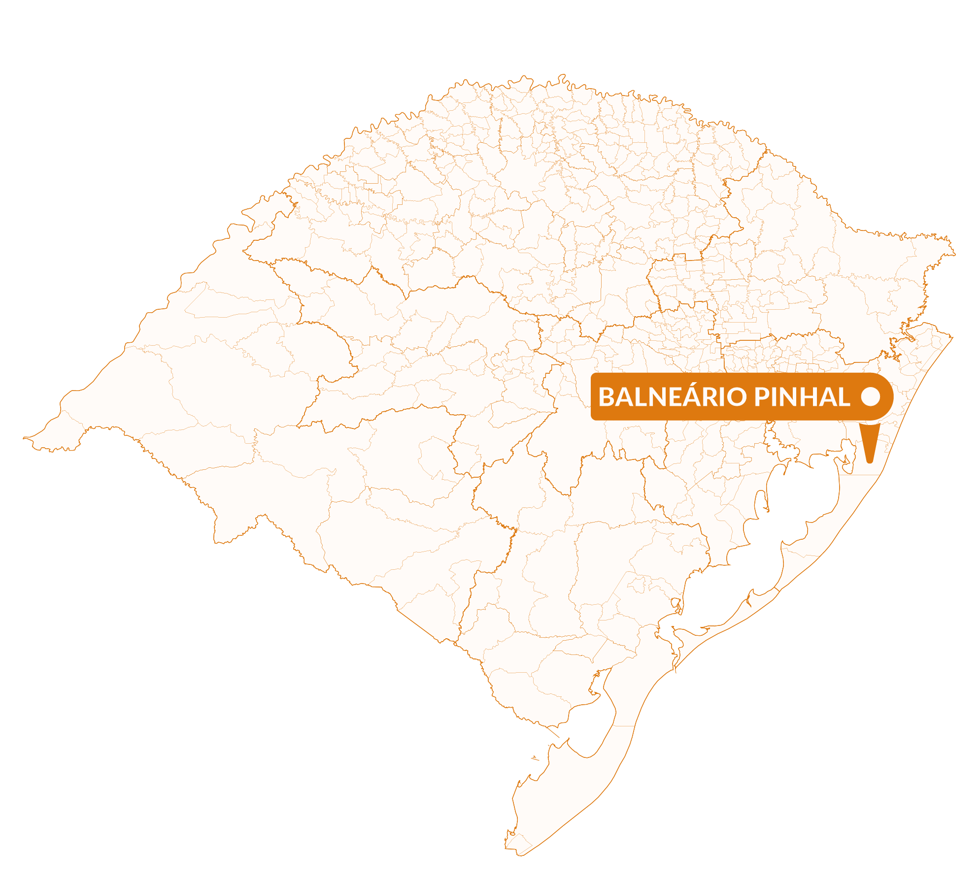 Imagem do mapa do Rio Grande do Sul com marcador sinalizando a localização da cidade de Balneário Pinhal.