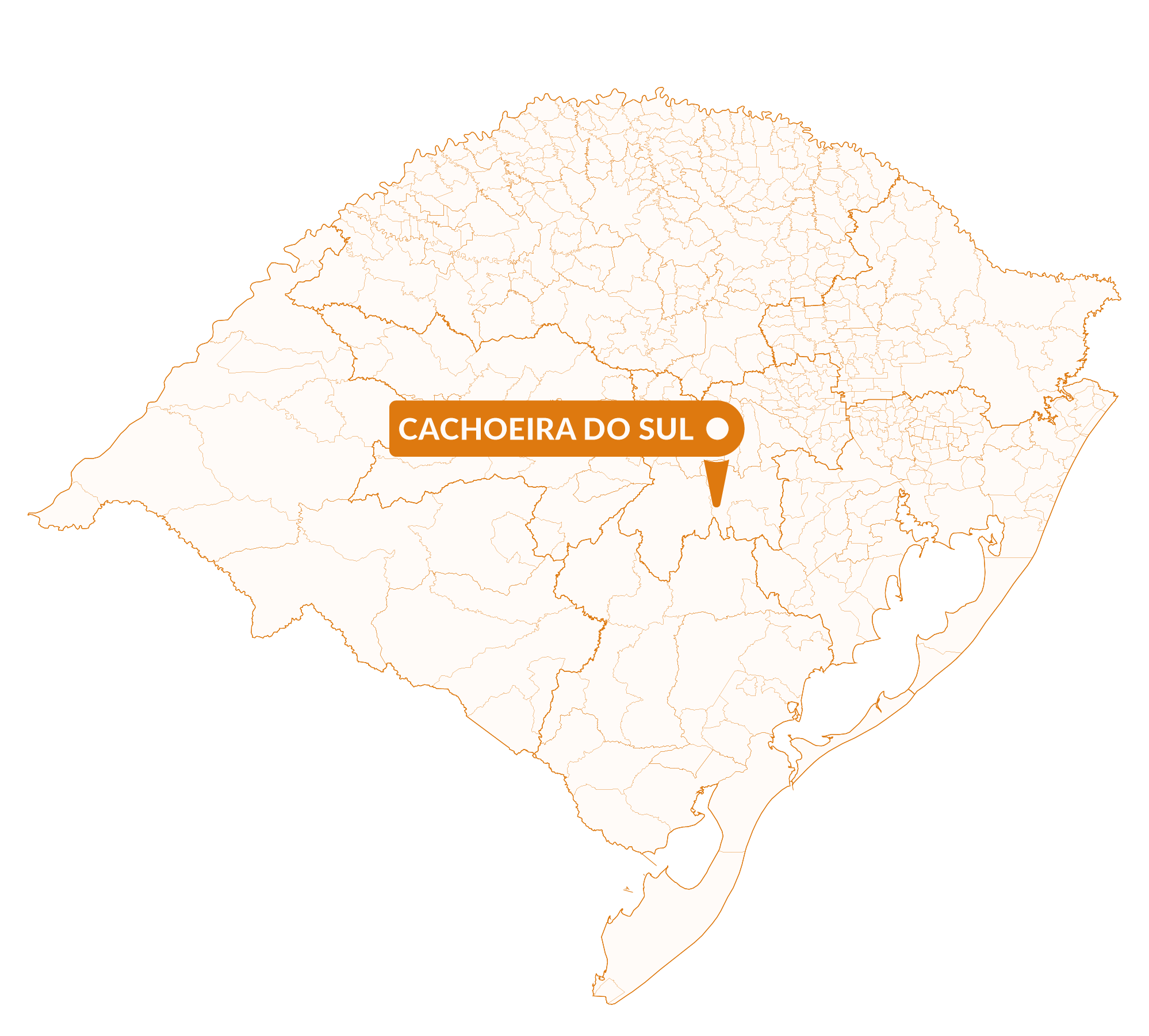 Imagem do mapa do Rio Grande do Sul com marcador sinalizando a localização da cidade de Cachoeira do Sul.