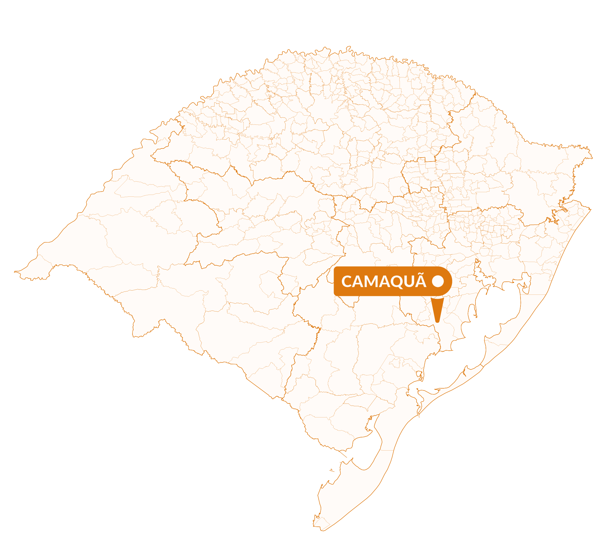 Imagem do mapa do Rio Grande do Sul com marcador sinalizando a localização da cidade de Camaquã.