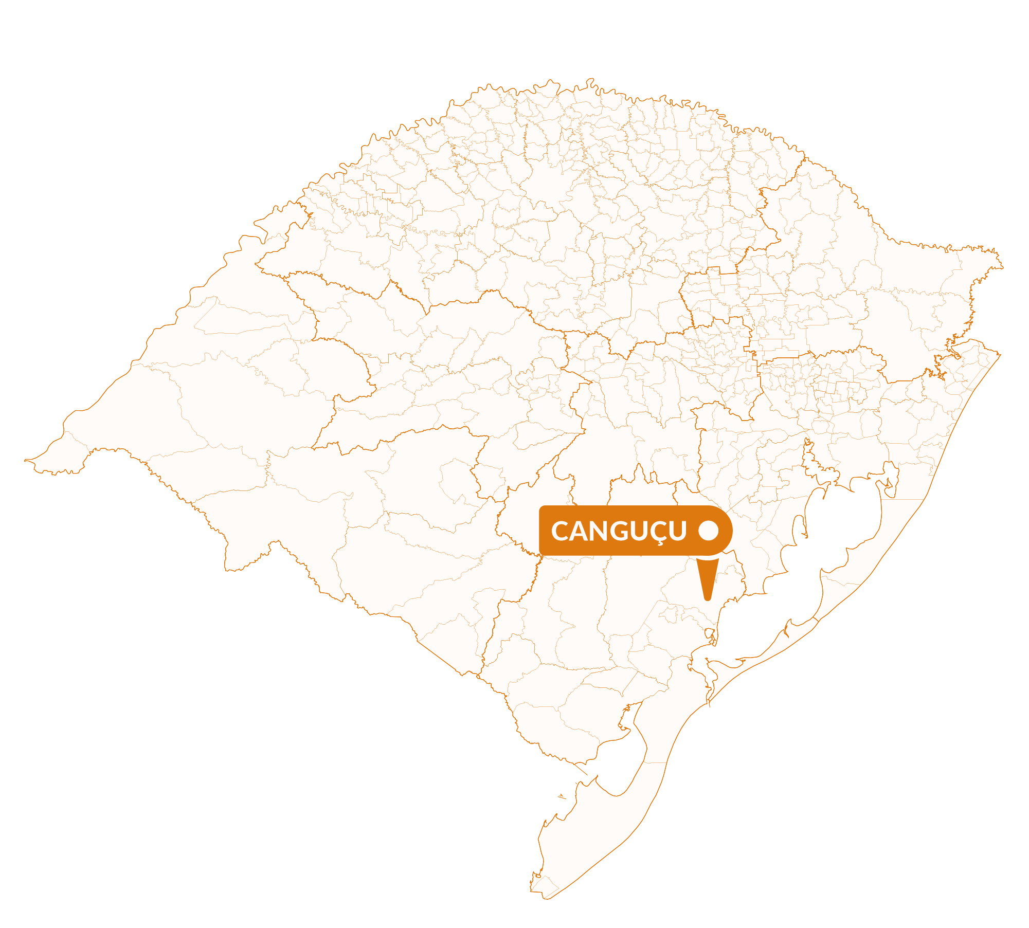 Imagem do mapa do Rio Grande do Sul com marcador sinalizando a localização da cidade de Canguçu.