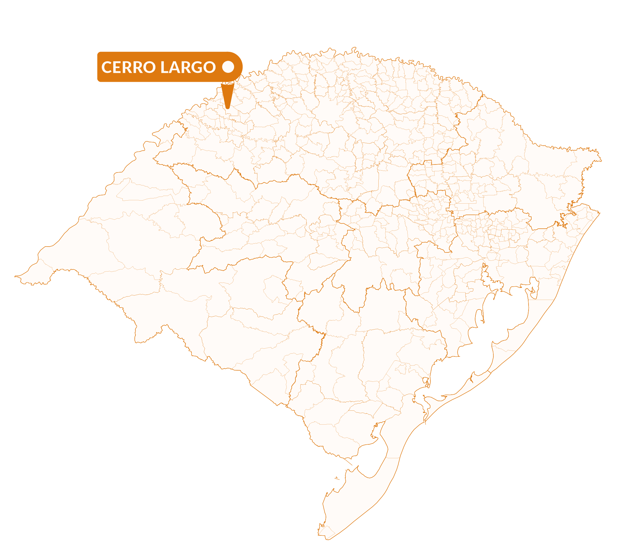 Imagem do mapa do Rio Grande do Sul com marcador sinalizando a localização da cidade de Cerro Largo.