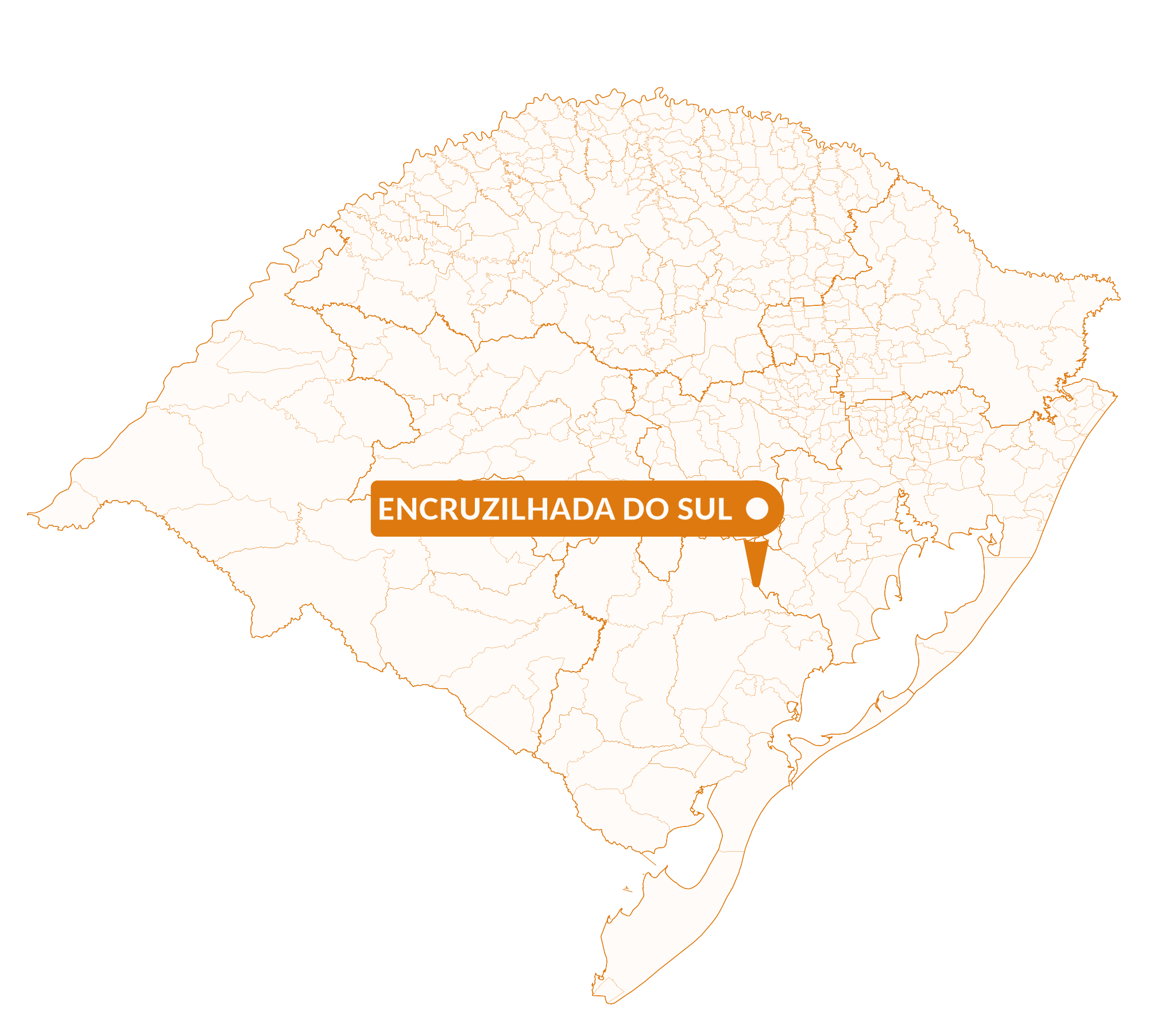 Imagem do mapa do Rio Grande do Sul com marcador sinalizando a localização da cidade de Encruzilhada do Sul.