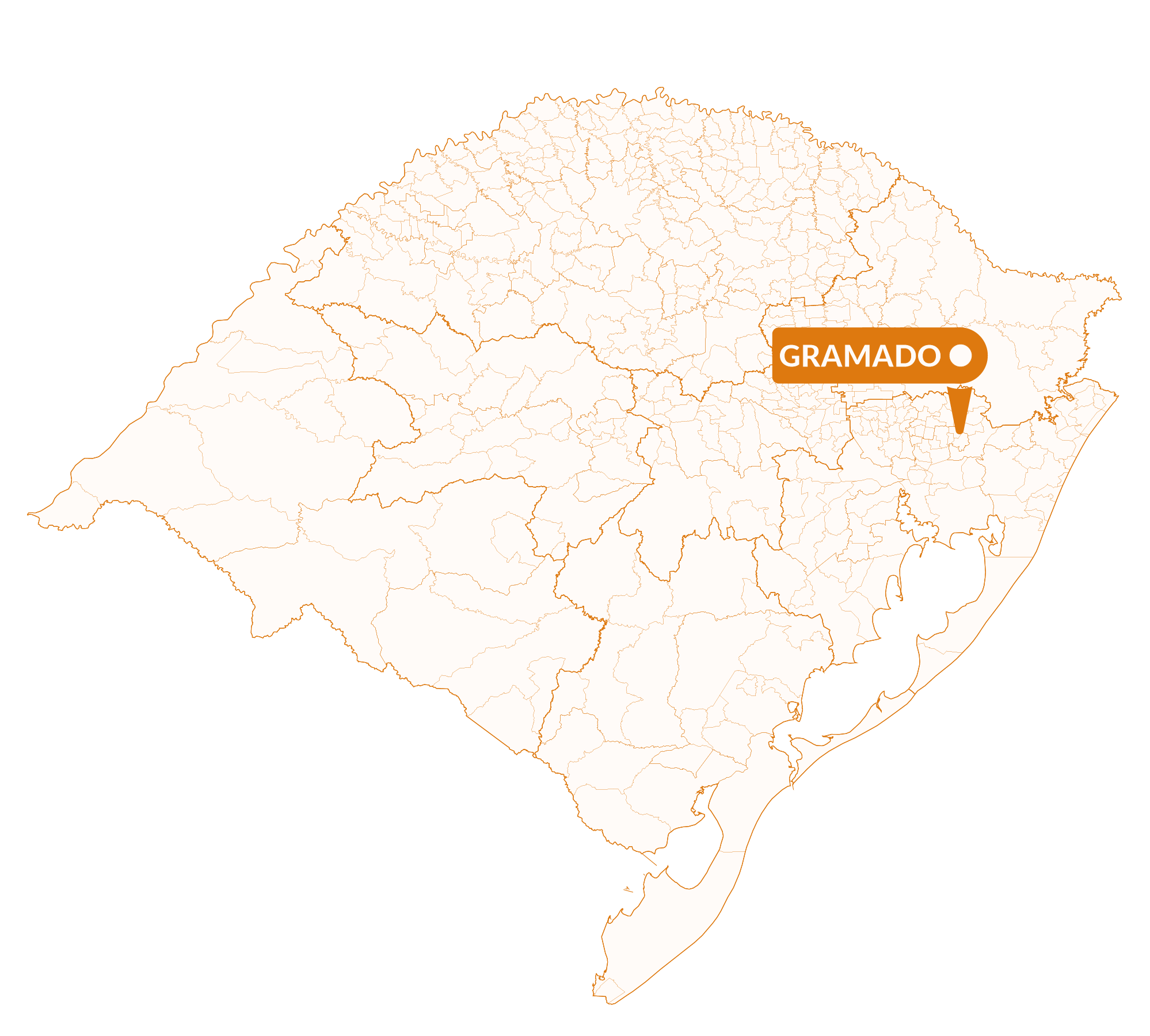 Imagem do mapa do Rio Grande do Sul com marcador sinalizando a localização da cidade de Gramado.