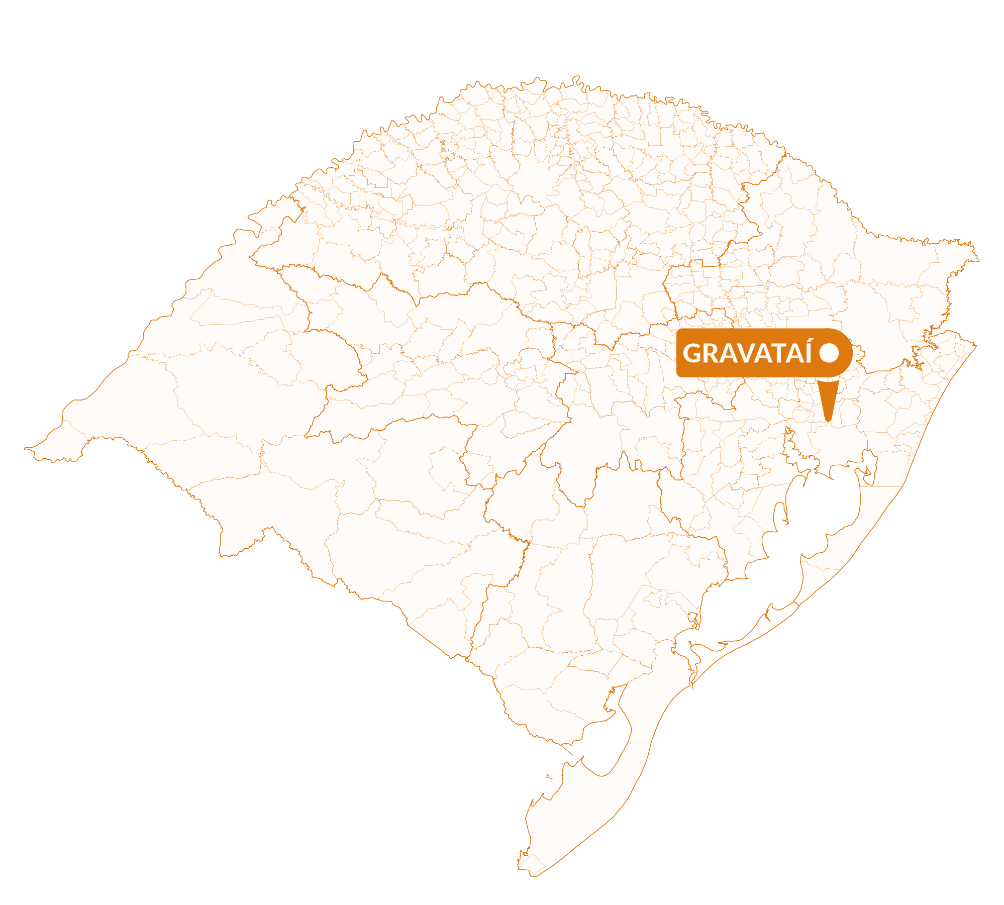 Imagem do mapa do Rio Grande do Sul com marcador sinalizando a localização da cidade de Gravataí.