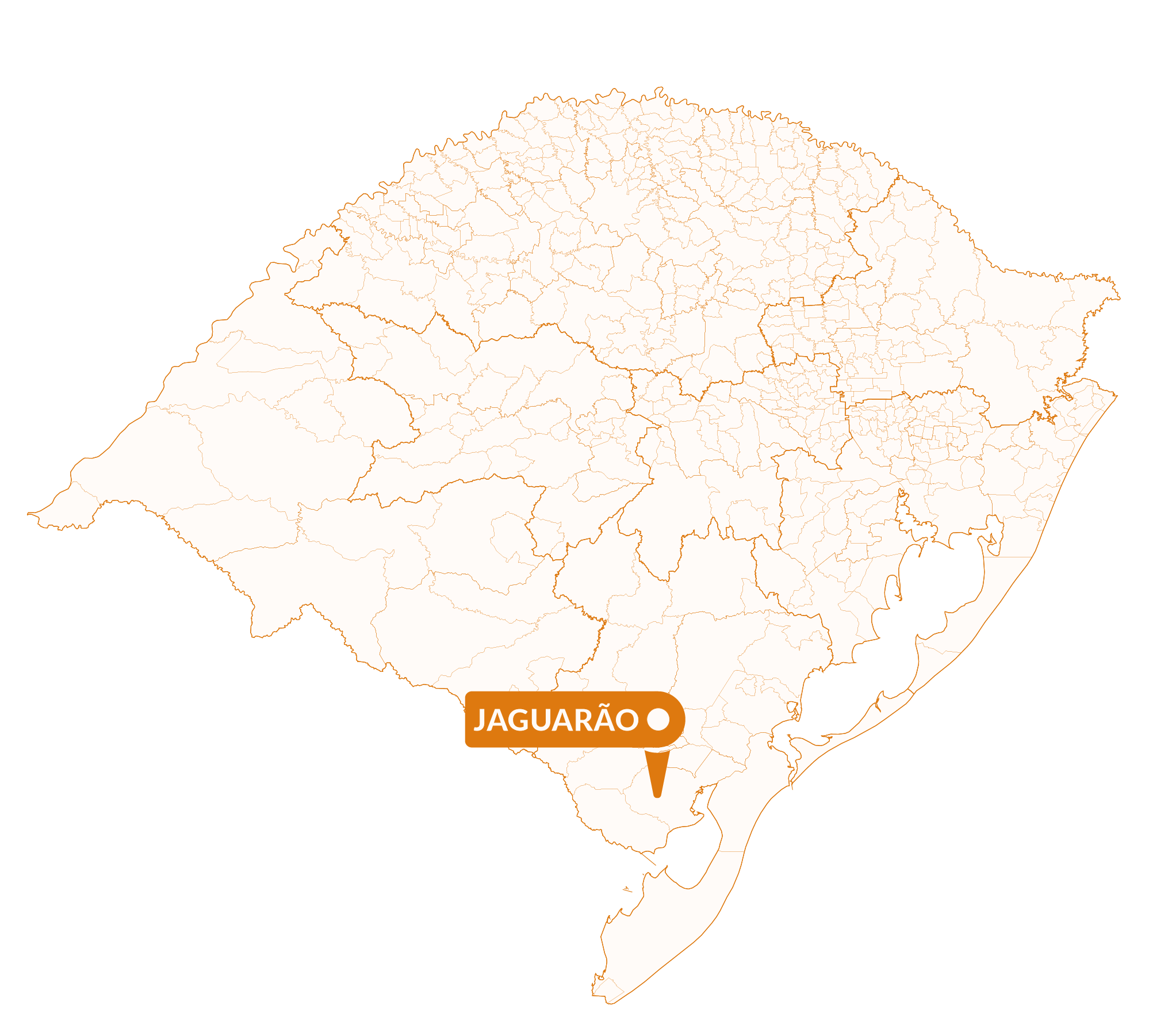 Imagem do mapa do Rio Grande do Sul com marcador sinalizando a localização da cidade de Jaguarão.