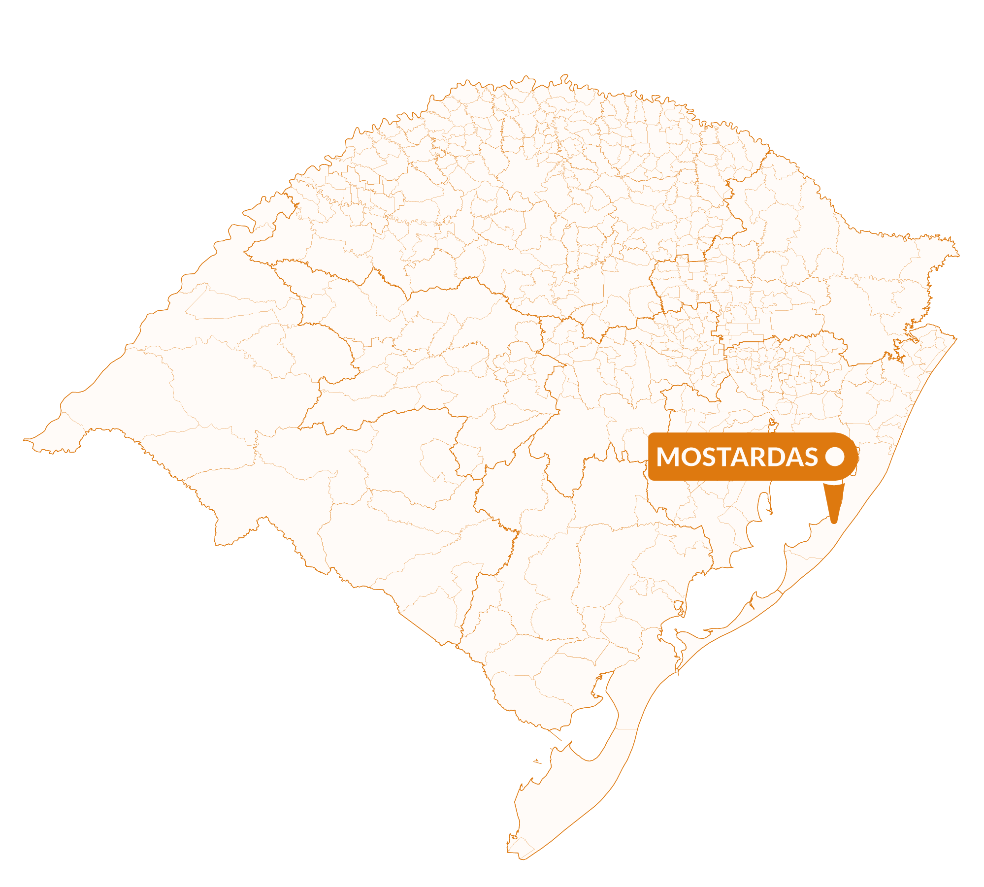 Imagem do mapa do Rio Grande do Sul com marcador sinalizando a localização da cidade de Mostardas.