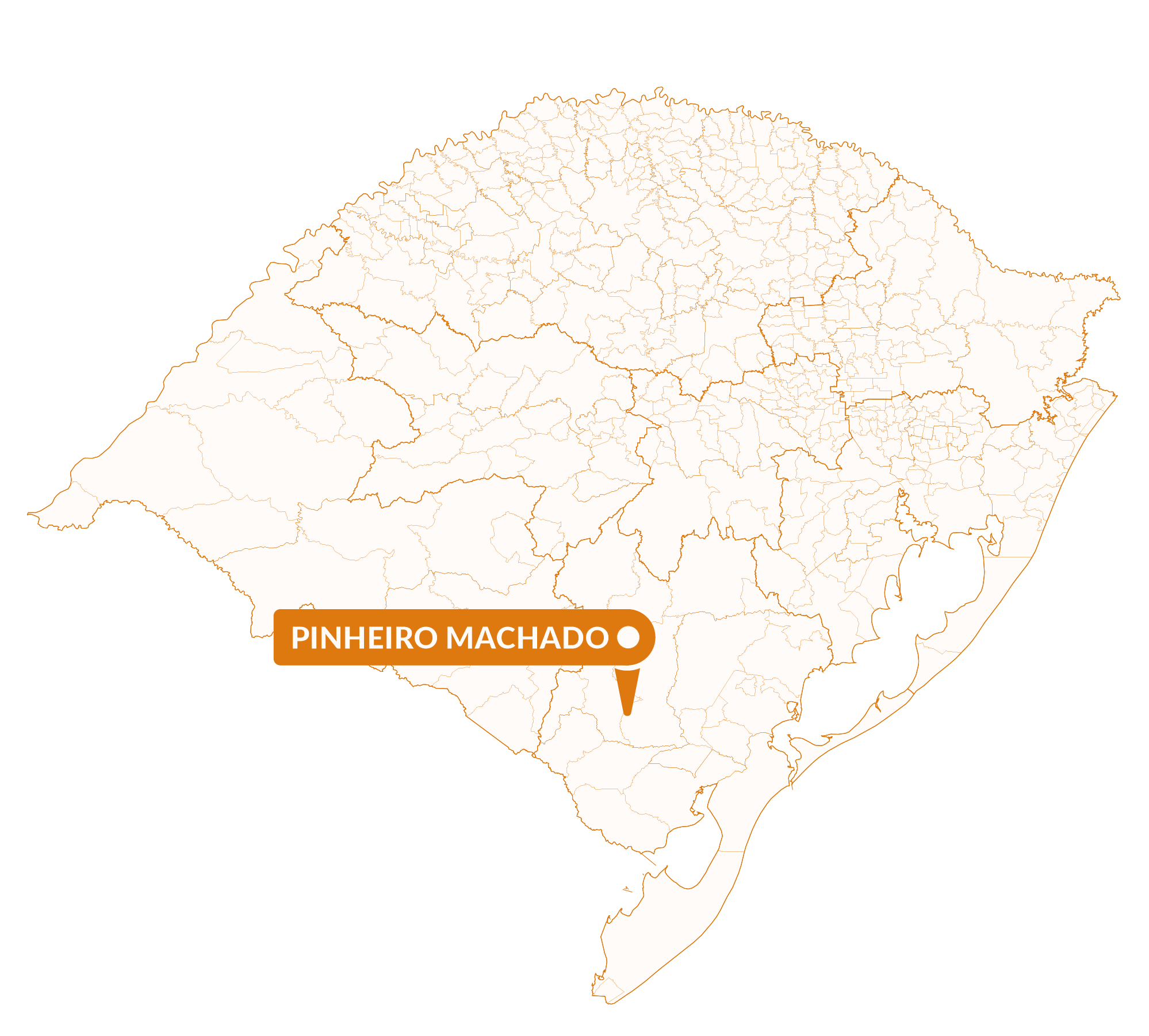 Imagem do mapa do Rio Grande do Sul com marcador sinalizando a localização da cidade de Pinheiro Machado.
