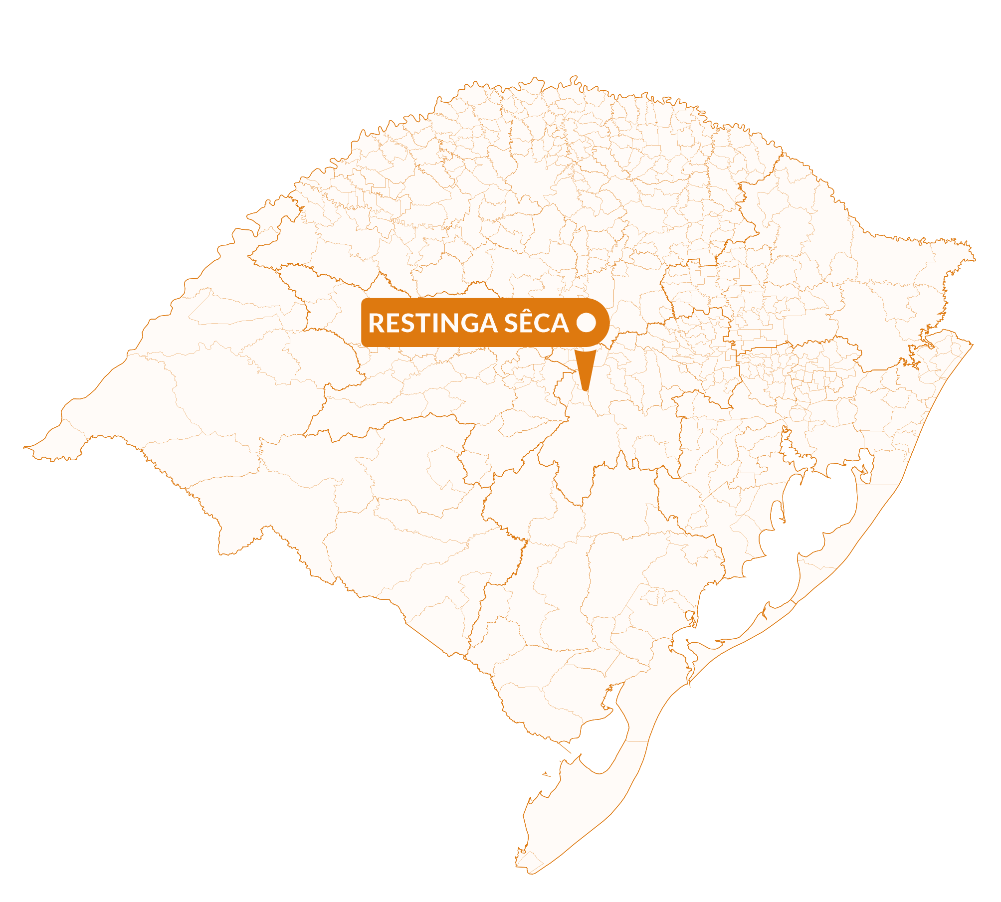 Imagem do mapa do Rio Grande do Sul com marcador sinalizando a localização da cidade de Restinga Seca.