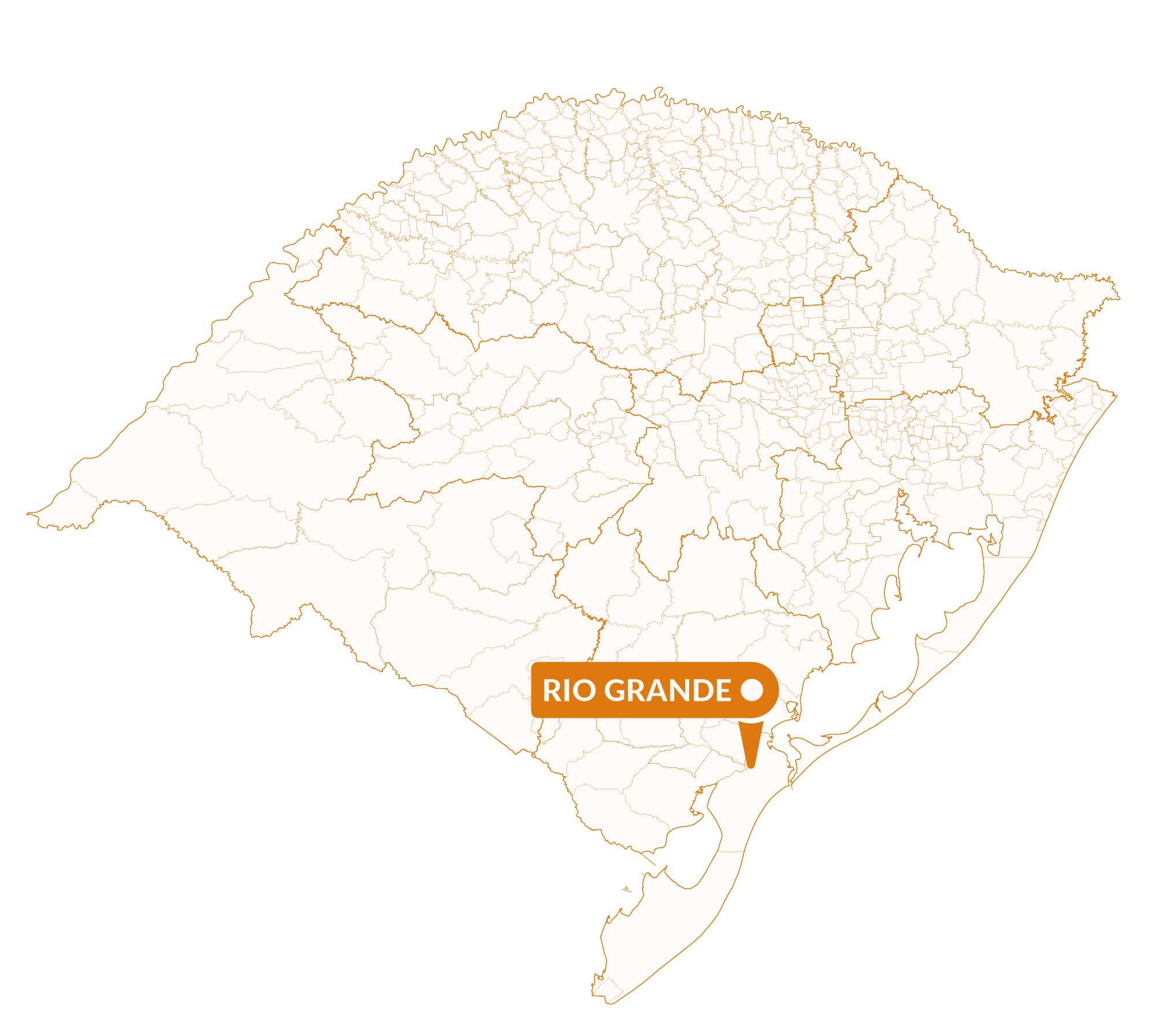 Imagem do mapa do Rio Grande do Sul com marcador sinalizando a localização da cidade de Rio Grande.