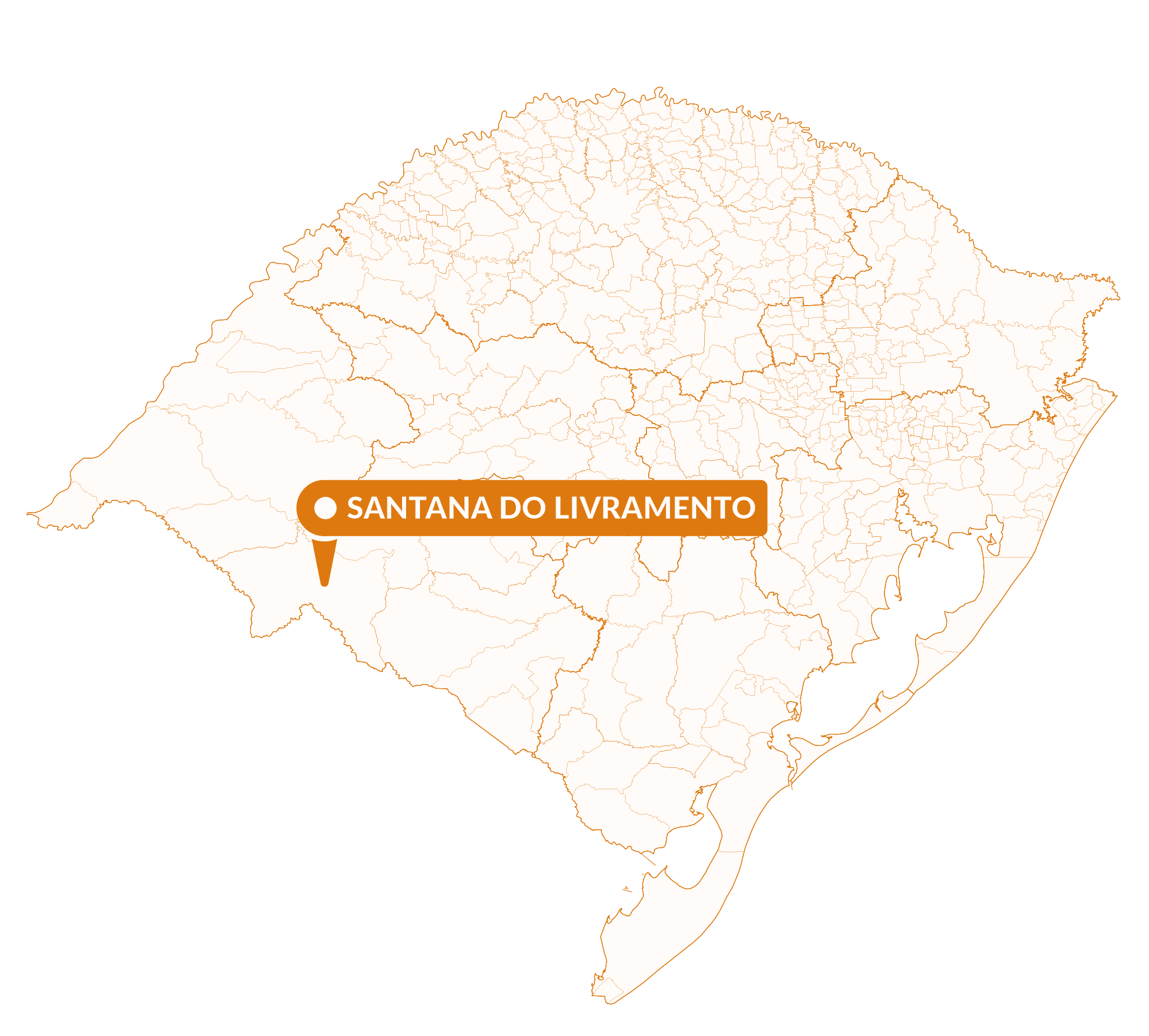 Imagem do mapa do Rio Grande do Sul com marcador sinalizando a localização da cidade de Santana do Livramento.