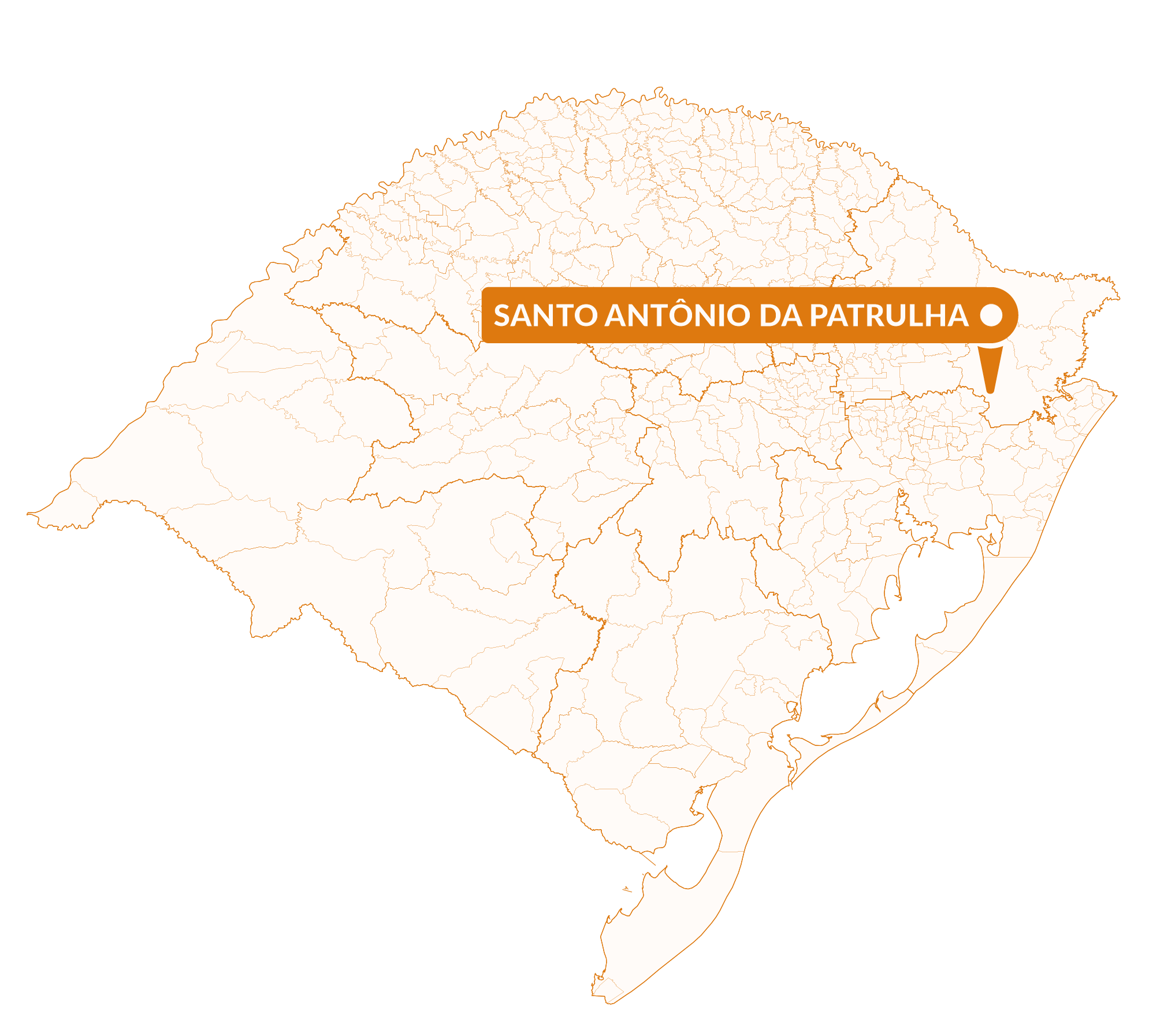 Imagem do mapa do Rio Grande do Sul com marcador sinalizando a localização da cidade de Santo Antônio da Patrulha.