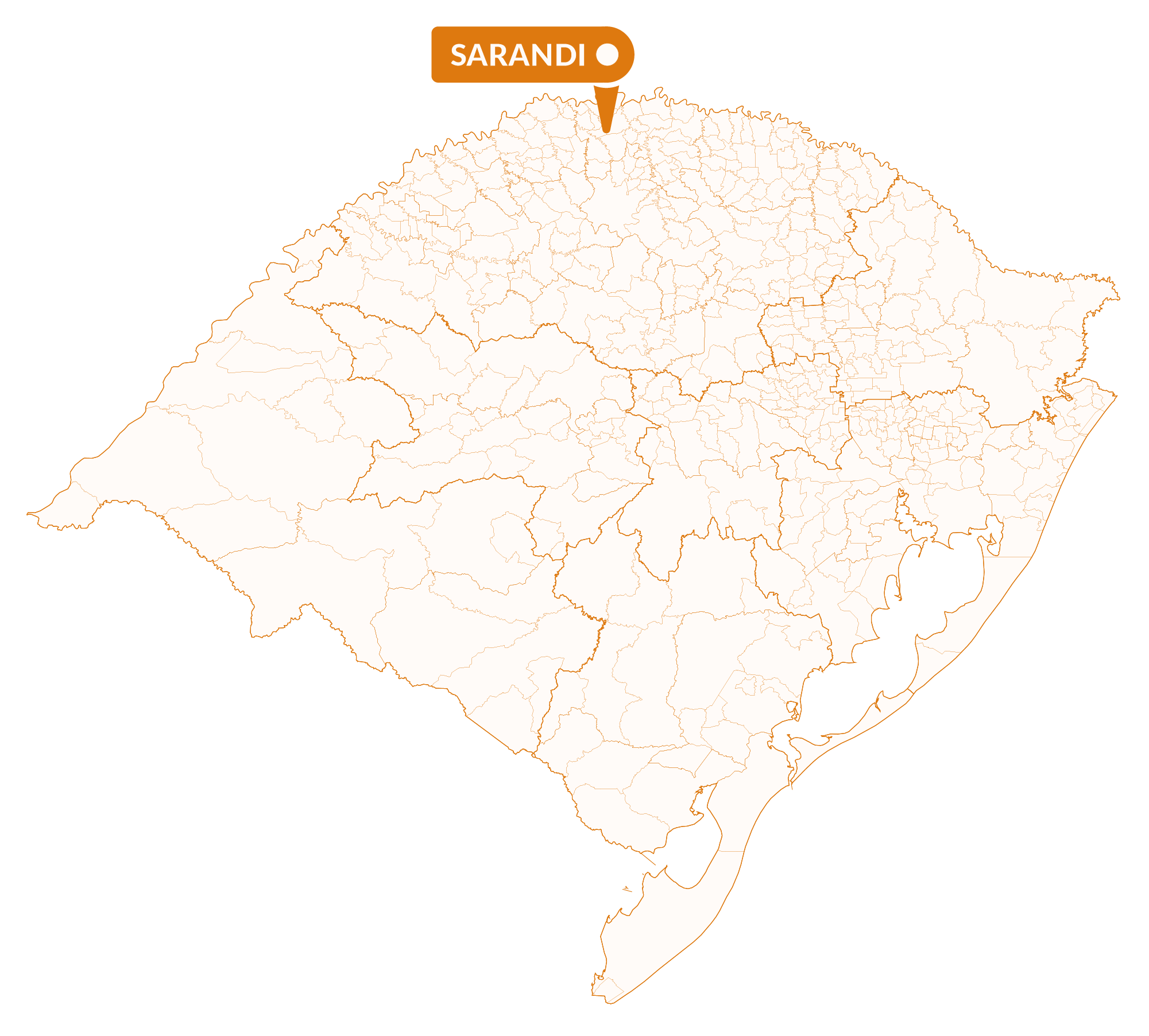Imagem do mapa do Rio Grande do Sul com marcador sinalizando a localização da cidade de Sarandi.