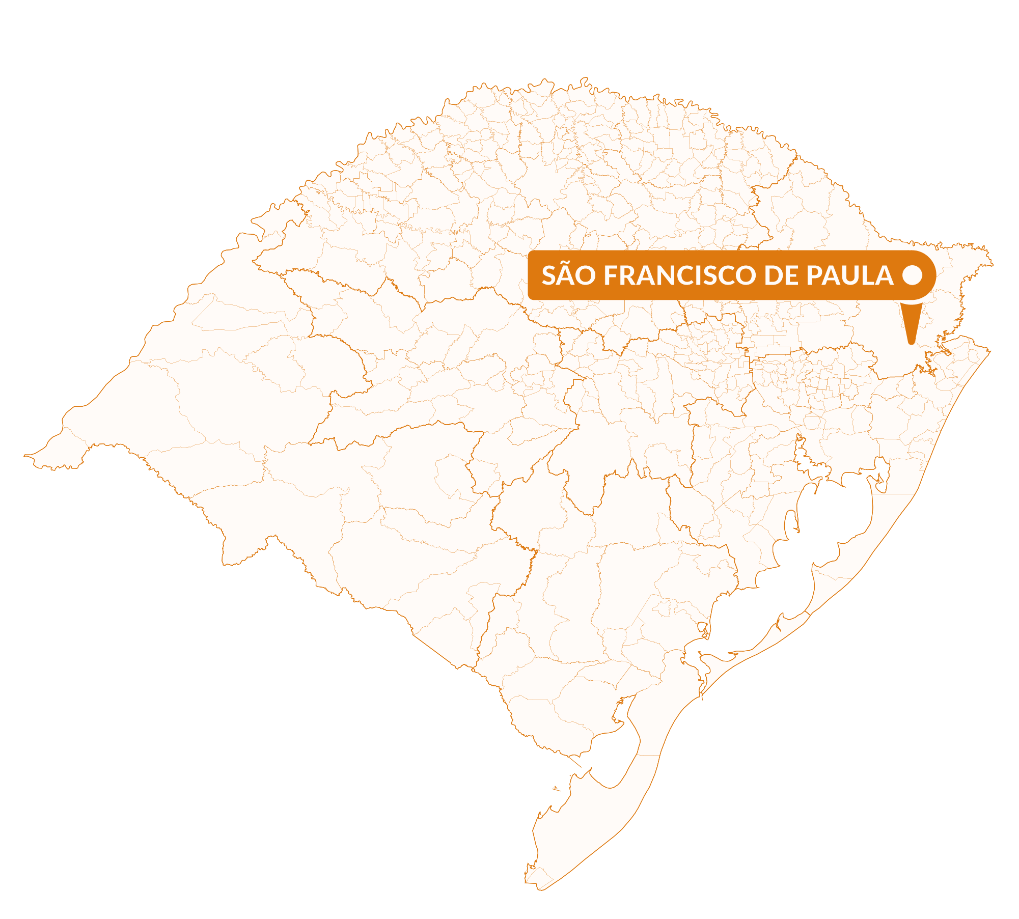 Imagem do mapa do Rio Grande do Sul com marcador sinalizando a localização da cidade de São Francisco de Paula.