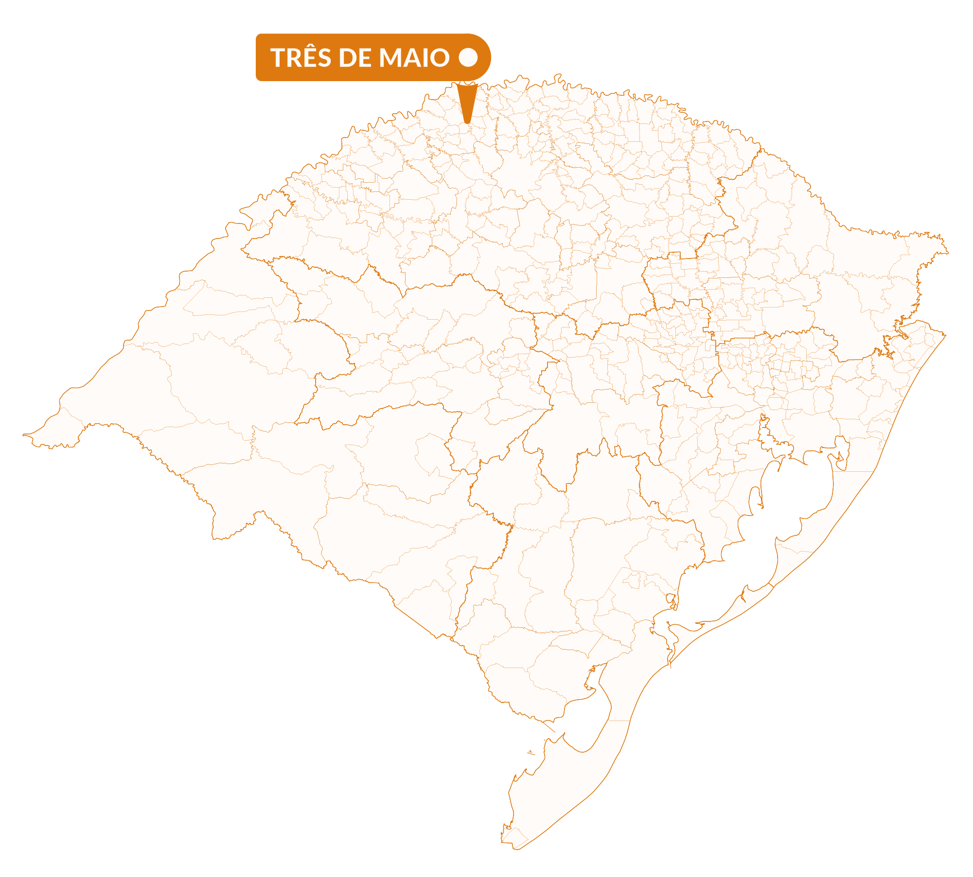 Imagem do mapa do Rio Grande do Sul com marcador sinalizando a localização da cidade de Três de Maio.