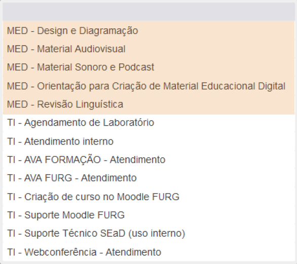 Imagem ilustrativa de como é visualizado cada item no sistema de solicitações FURG, na ordem indicada.